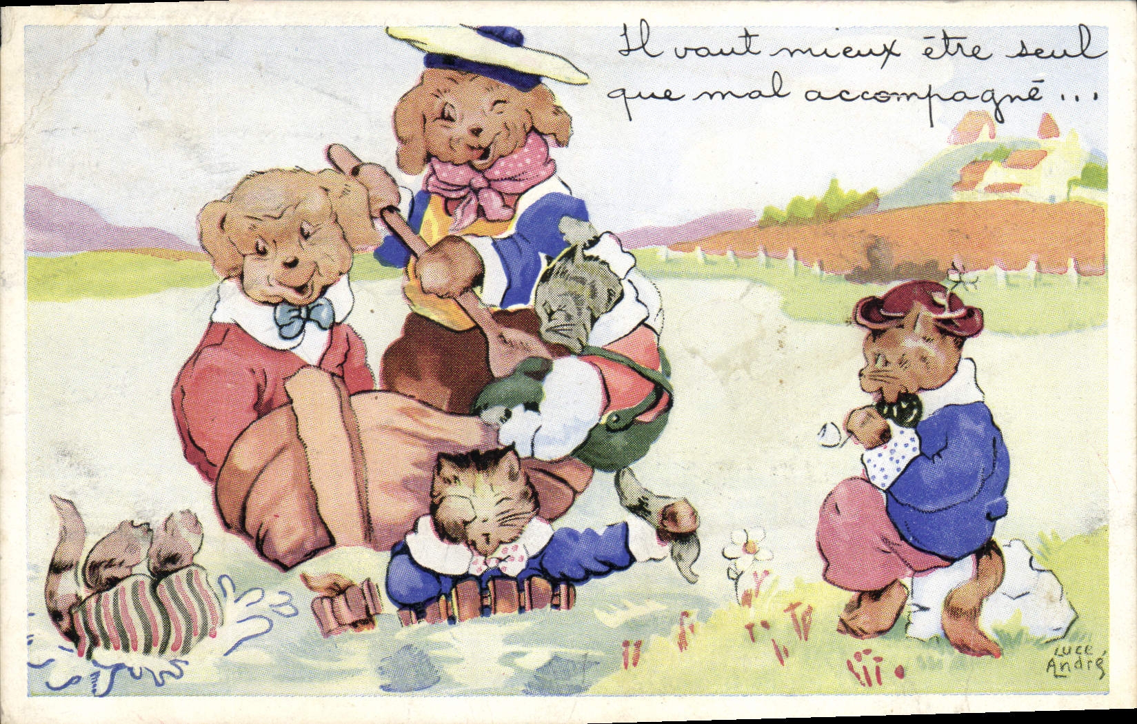 VINTAGE POSTCARD Fantasy Illustrator Dog Cat