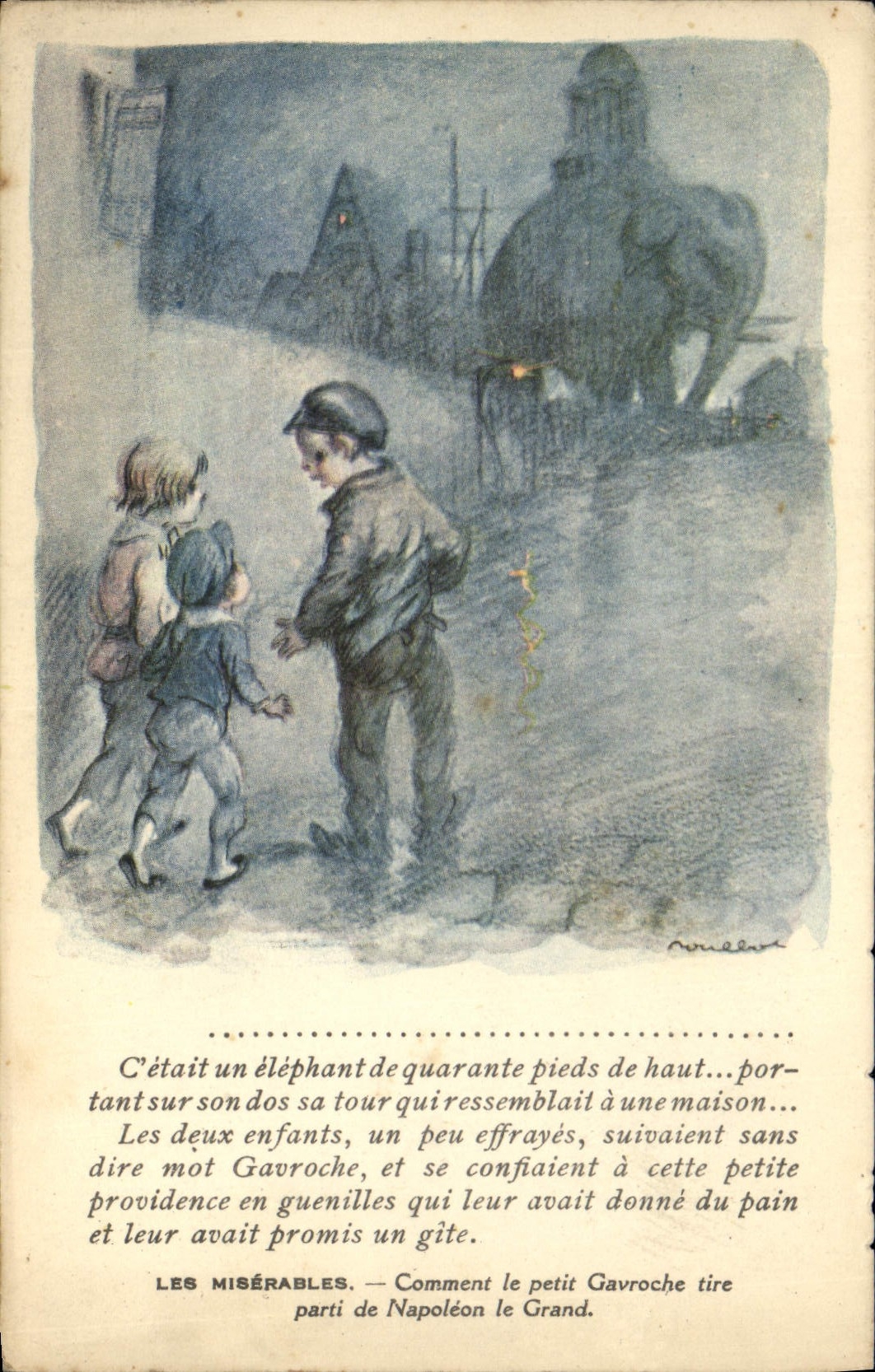 CPA Fantaisie Illustrateur Poulbot Victor Hugo Les Miserables Gavroche Elephant Napoleon