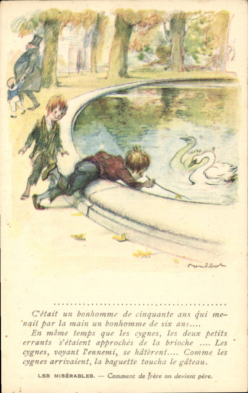 CPA Fantaisie Illustrateur Poulbot Victor Hugo Les Miserables Cygne Swan