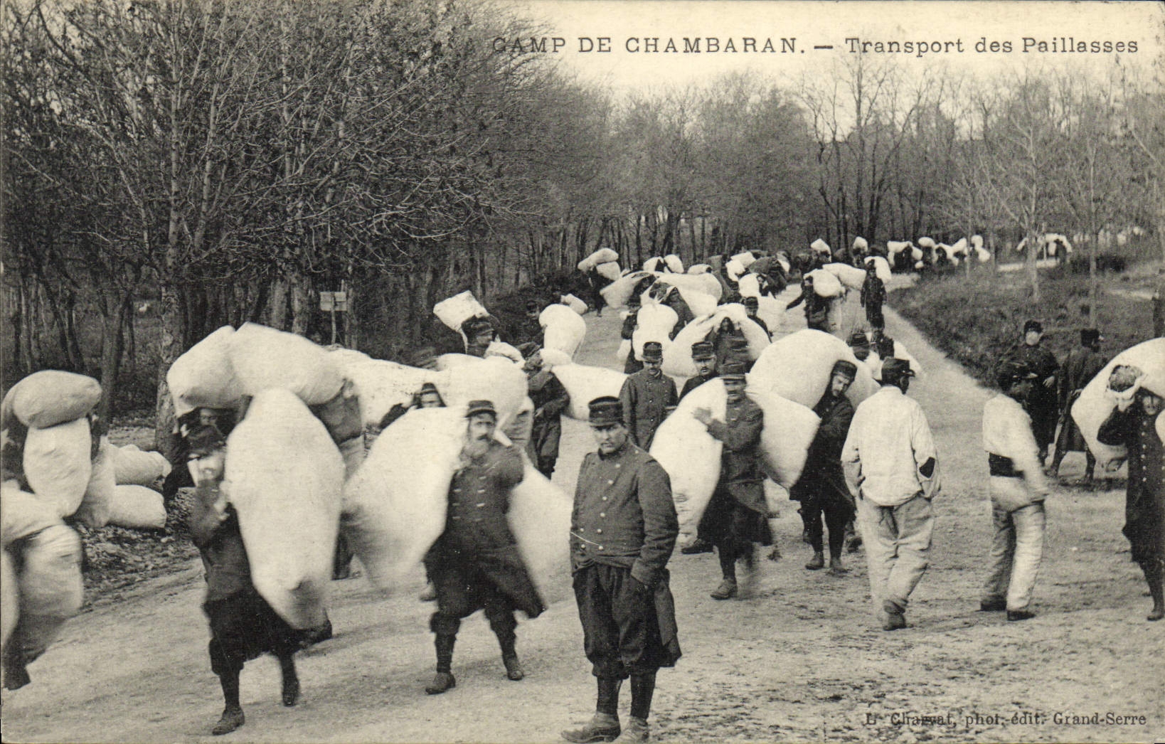 VINTAGE POSTCARD Militaria With the camp of Chambaran Transport of the straw mattresses