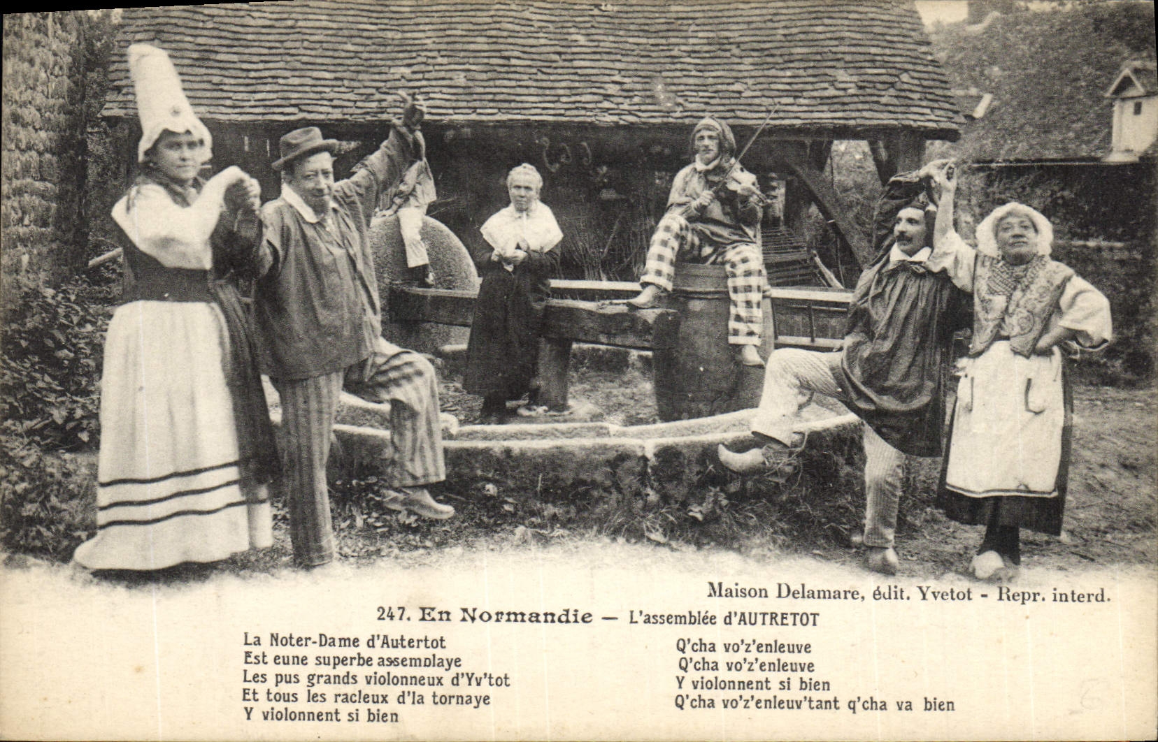 Folklore de la POSTAL de la VENDIMIA en Normandía el montaje de Autretot