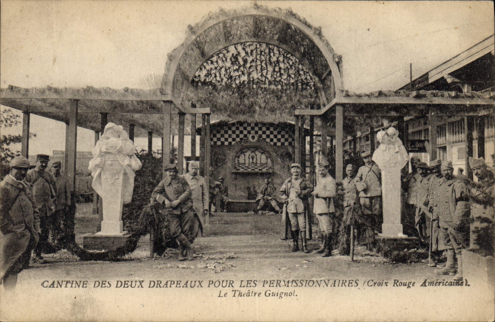 VINTAGE POSTCARD Theater Puppet Canteen of the two flags for the persons on leave Red Cross amricaine