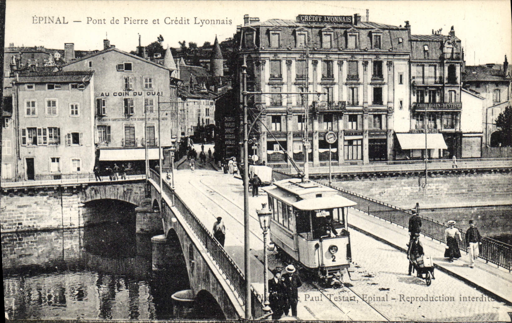 VINTAGE POSTCARD Bank Epinal Bridge of stone and Crédit Lyonnais Tram