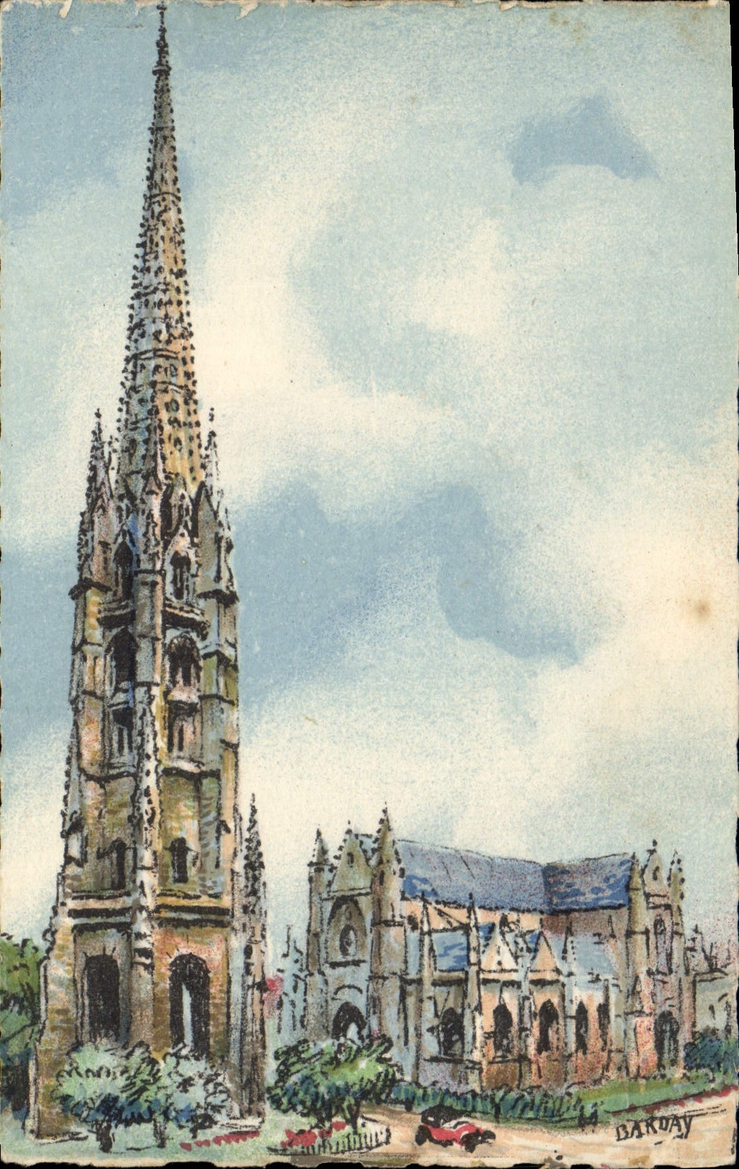 Burdeos de Barday del ilustrador de la fantasía de la POSTAL de la VENDIMIA el St Miguel de la campana-torre