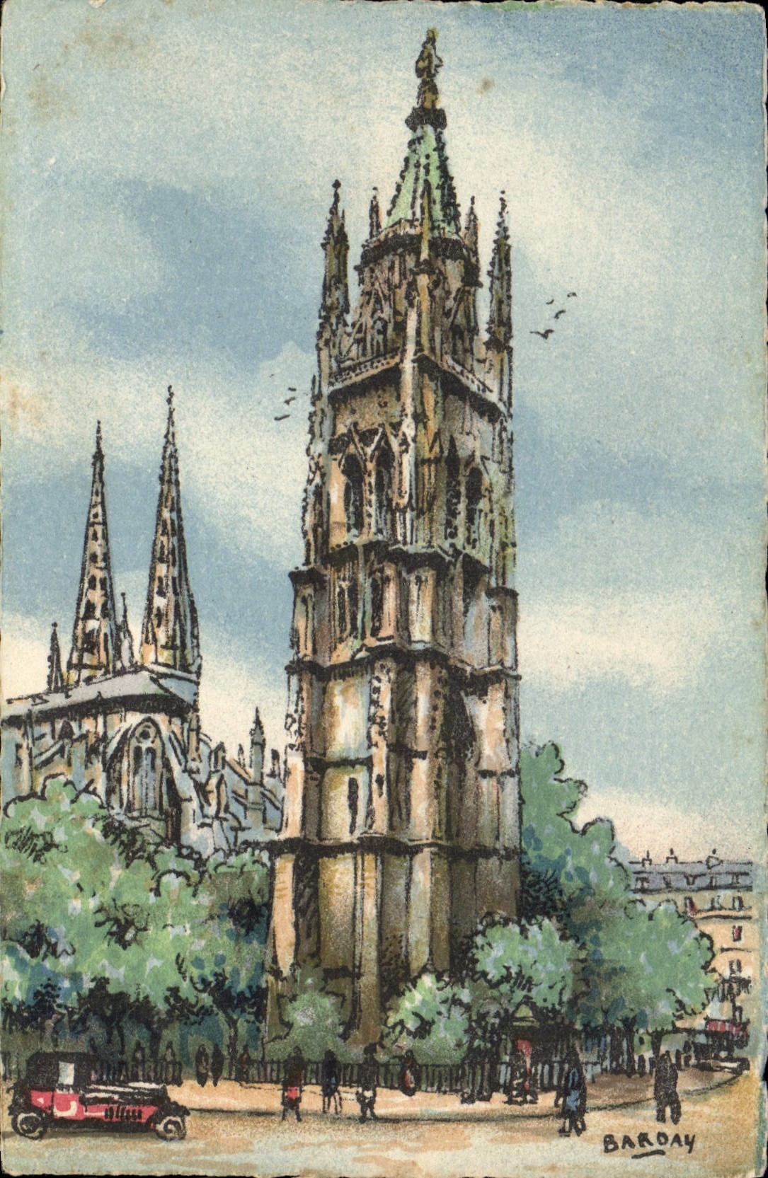 Burdeos de Barday del ilustrador de la fantasía de la POSTAL de la VENDIMIA la torre Pey Berland