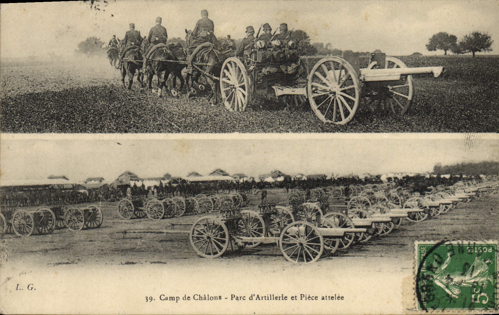 CPA Militaria Camp de Chalons Parc d'artillerie et piece attelee