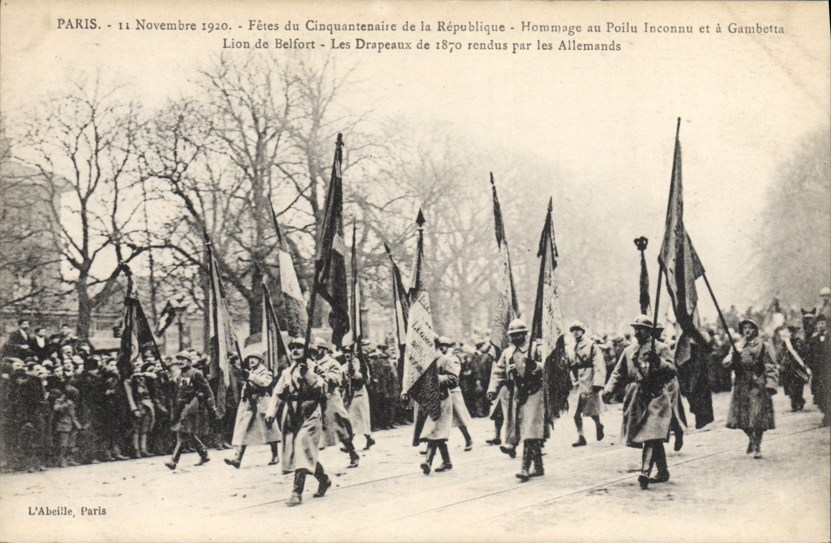 VINTAGE POSTCARD Militaria Paris November 11th, 1920 Festivals of the fiftieth anniversary of the Republic Homage to the hairy one