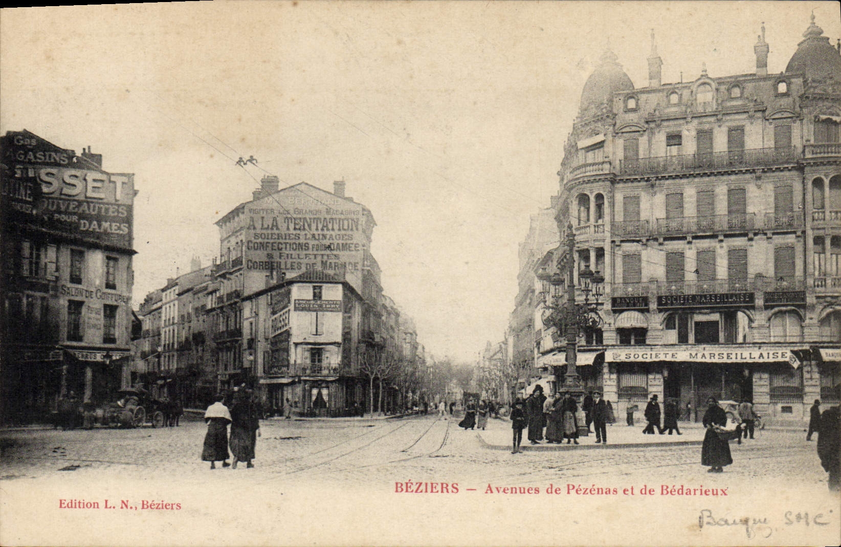 VINTAGE POSTCARD Bank Beziers Avenues of Pezenas and Bedarieux
