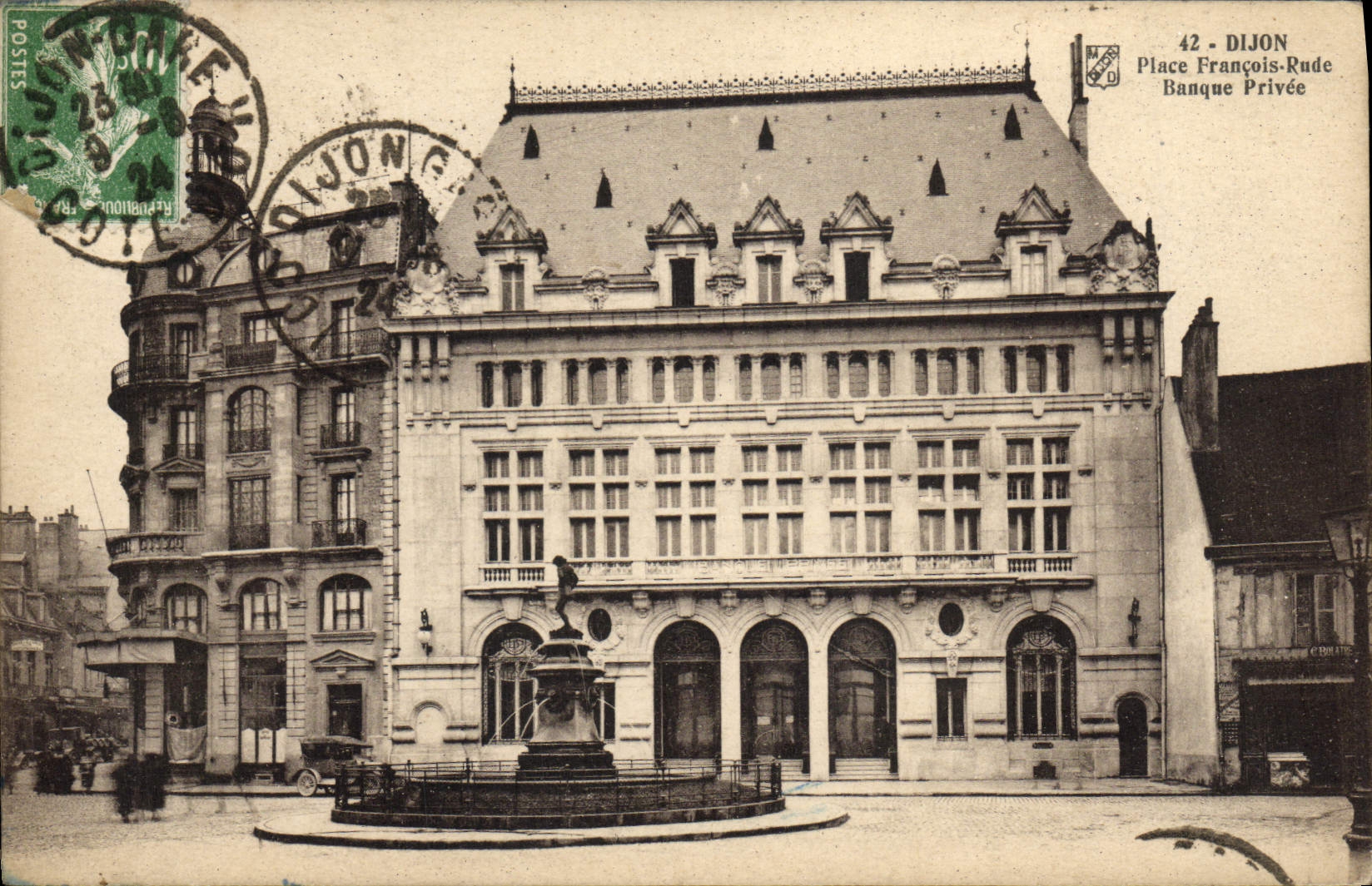 VINTAGE POSTCARD Banque Dijon Places François Rude Private banking