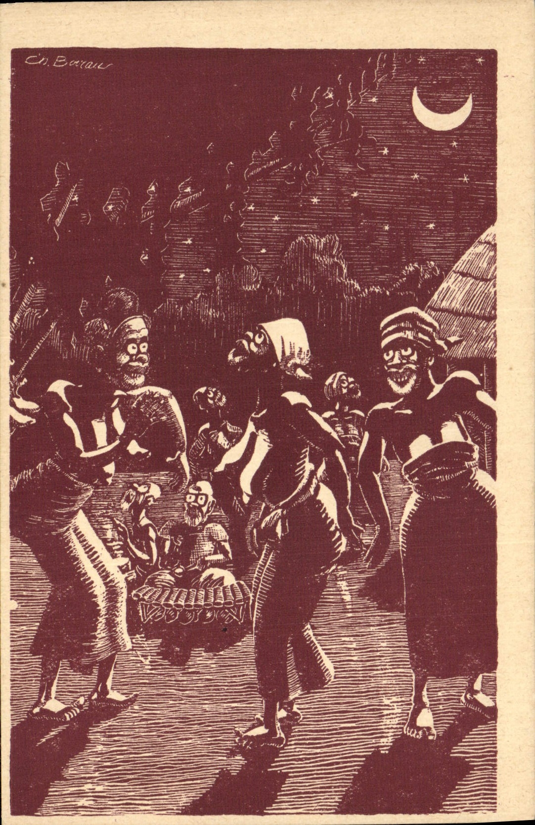 VINTAGE POSTCARD Fantasy Boirau Illustrator In Africa Tam Tam of night