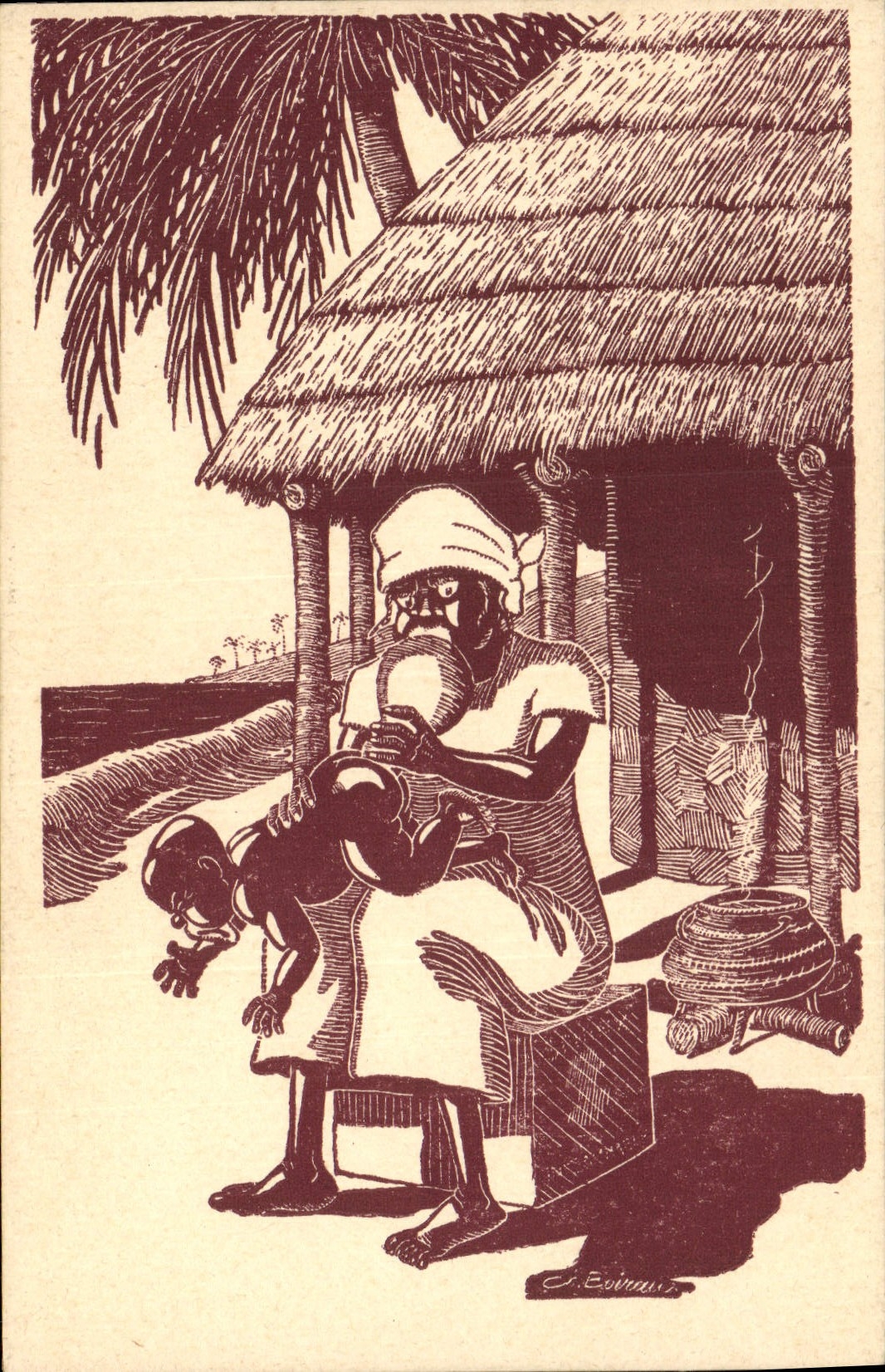 VINTAGE POSTCARD Fantasy Boirau Illustrator In Africa launching with the pepper water
