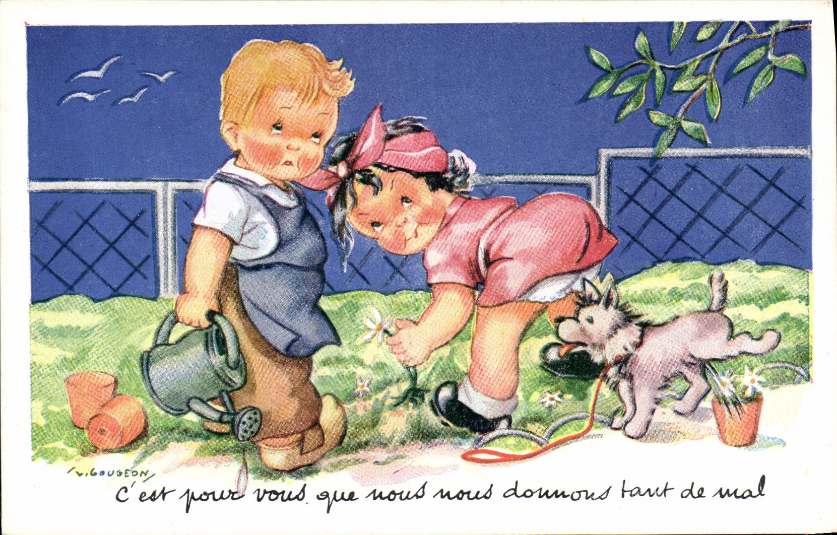 VINTAGE POSTCARD Fantasy Illustrator Gougeon Children Dog