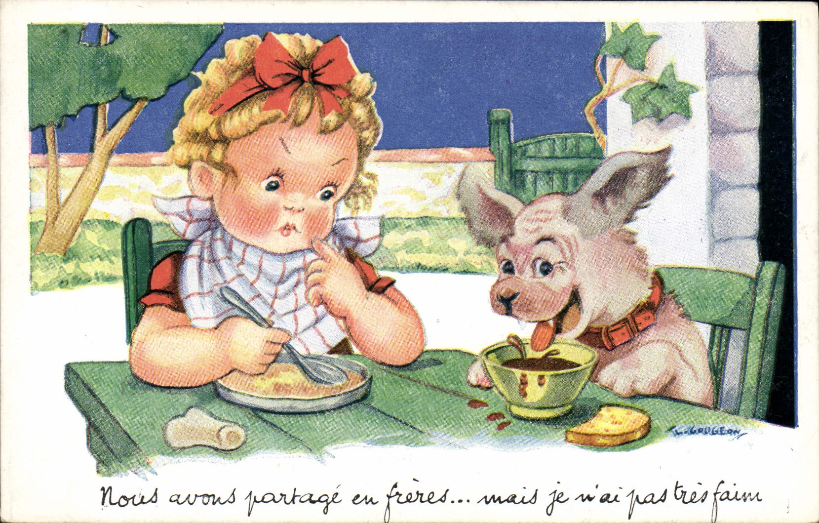VINTAGE POSTCARD Fantasy Illustrator Gougeon Child Dog