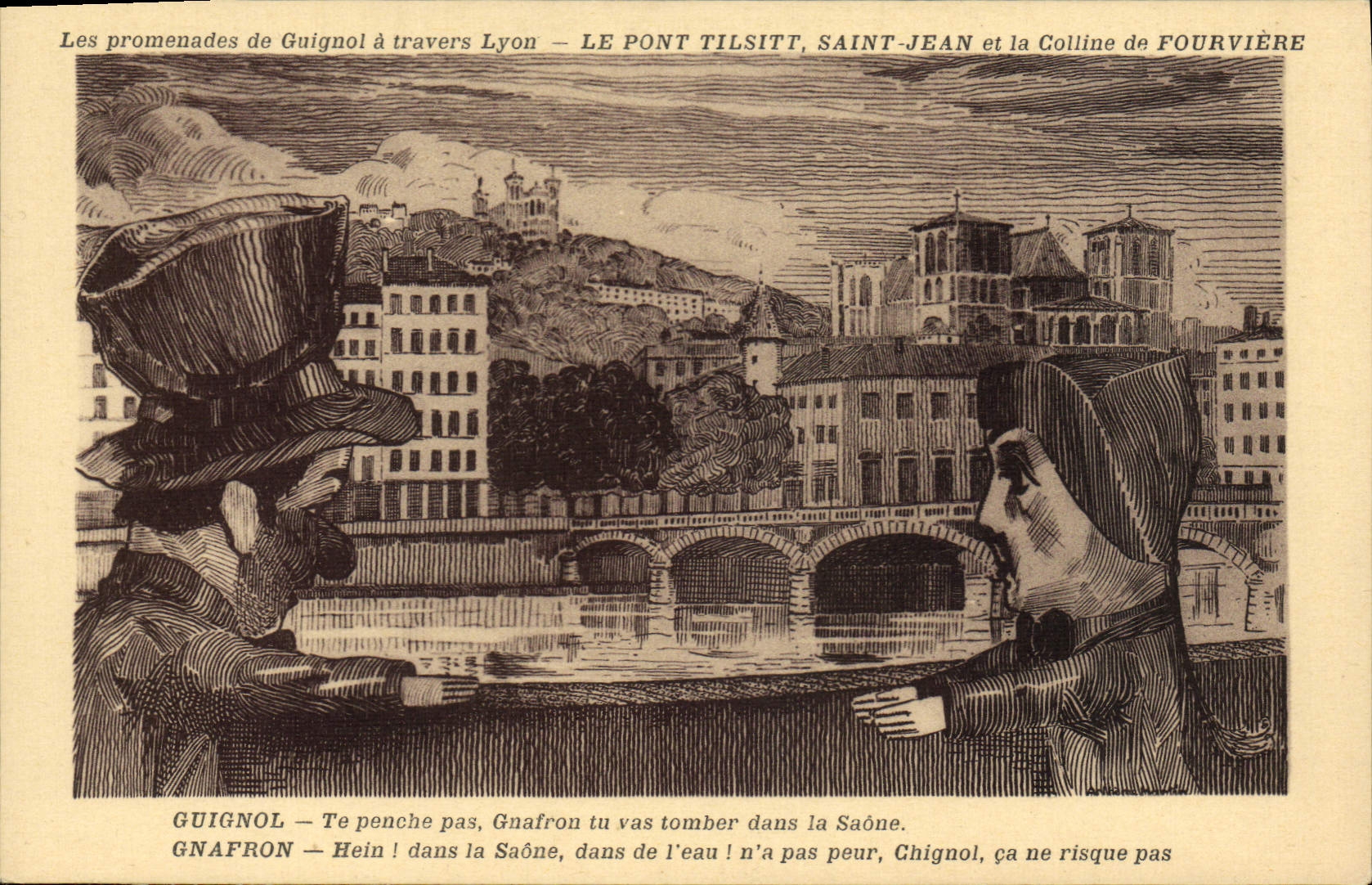 VINTAGE POSTCARD Puppets Lyon Puppet the bridge Holy Tilsitt Jean and the hill of Fourviere