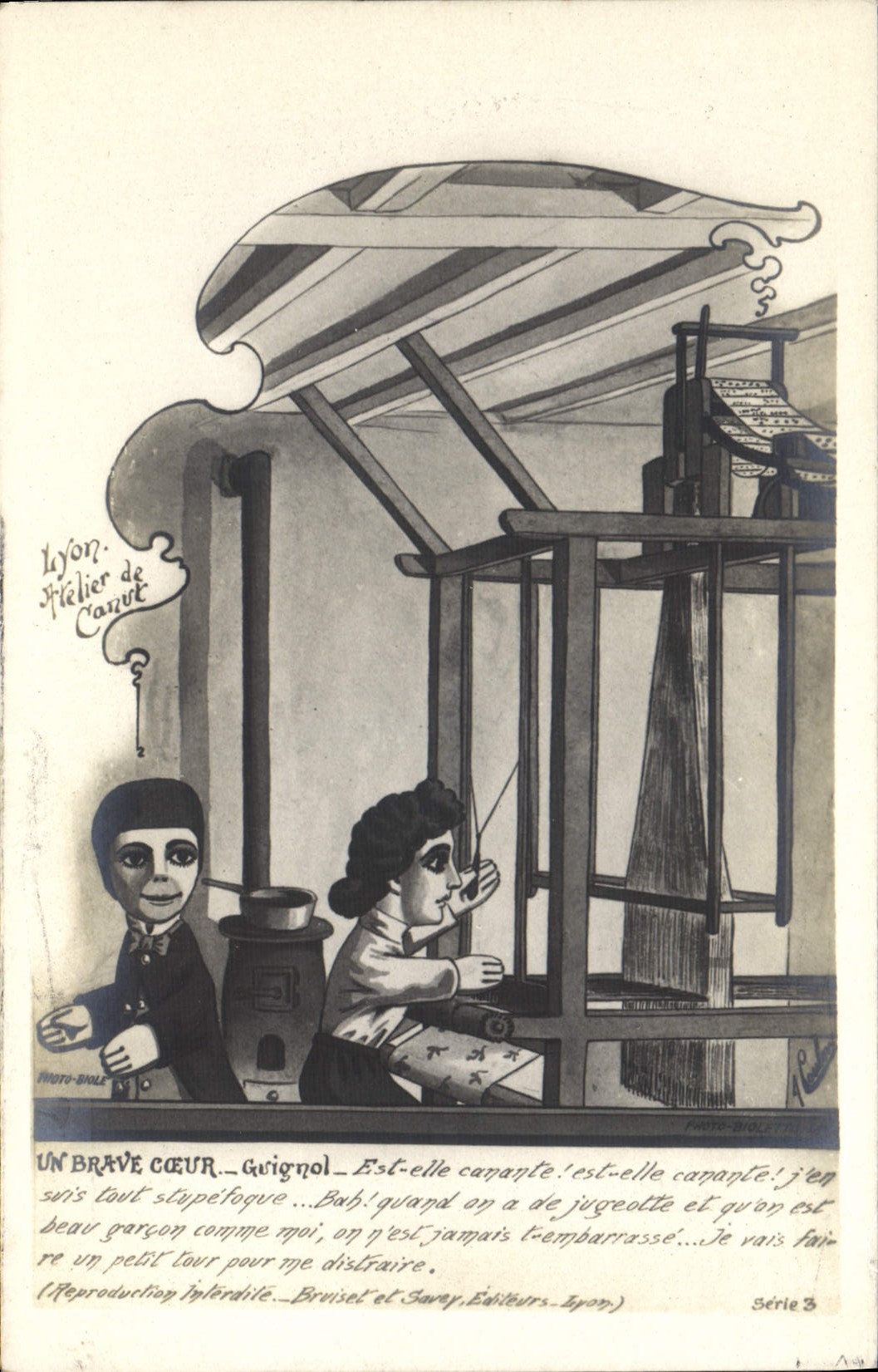 Marionetas de la POSTAL de la VENDIMIA un taller honesto de Lyon de la marioneta del corazón del trabajador de seda