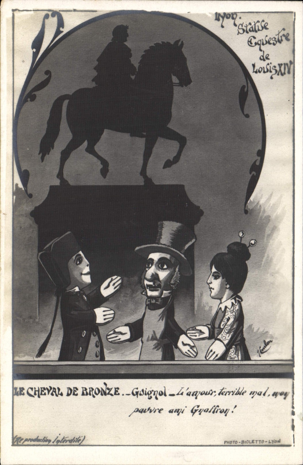 VINTAGE POSTCARD Guignols Puppet horse Lyon the bronze Rules equestrian of Louis XIV