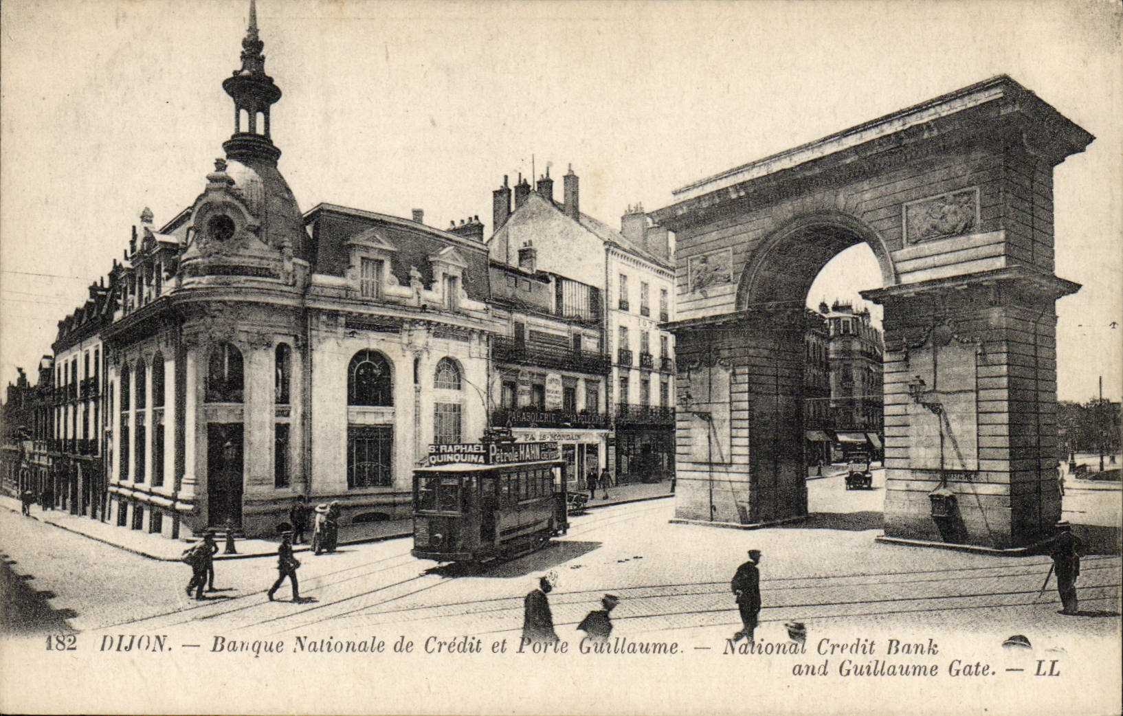 VINTAGE POSTCARD Banque Dijon Banks National of Credit and Porte Guillaume Tramway