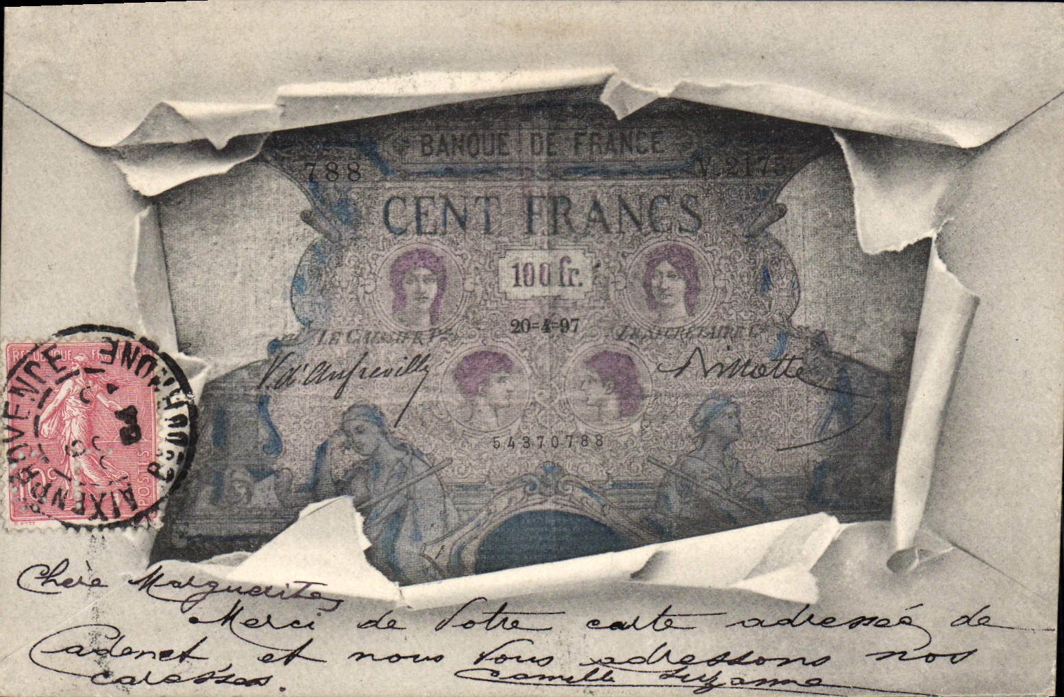 VINTAGE POSTCARD Ticket Hundred Francs