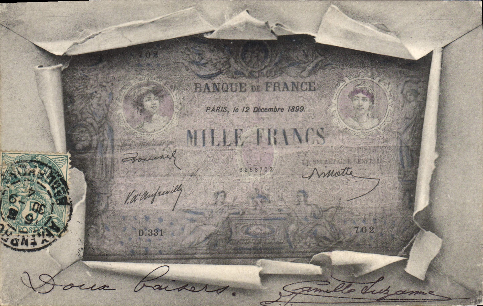 VINTAGE POSTCARD Ticket thousand Francs