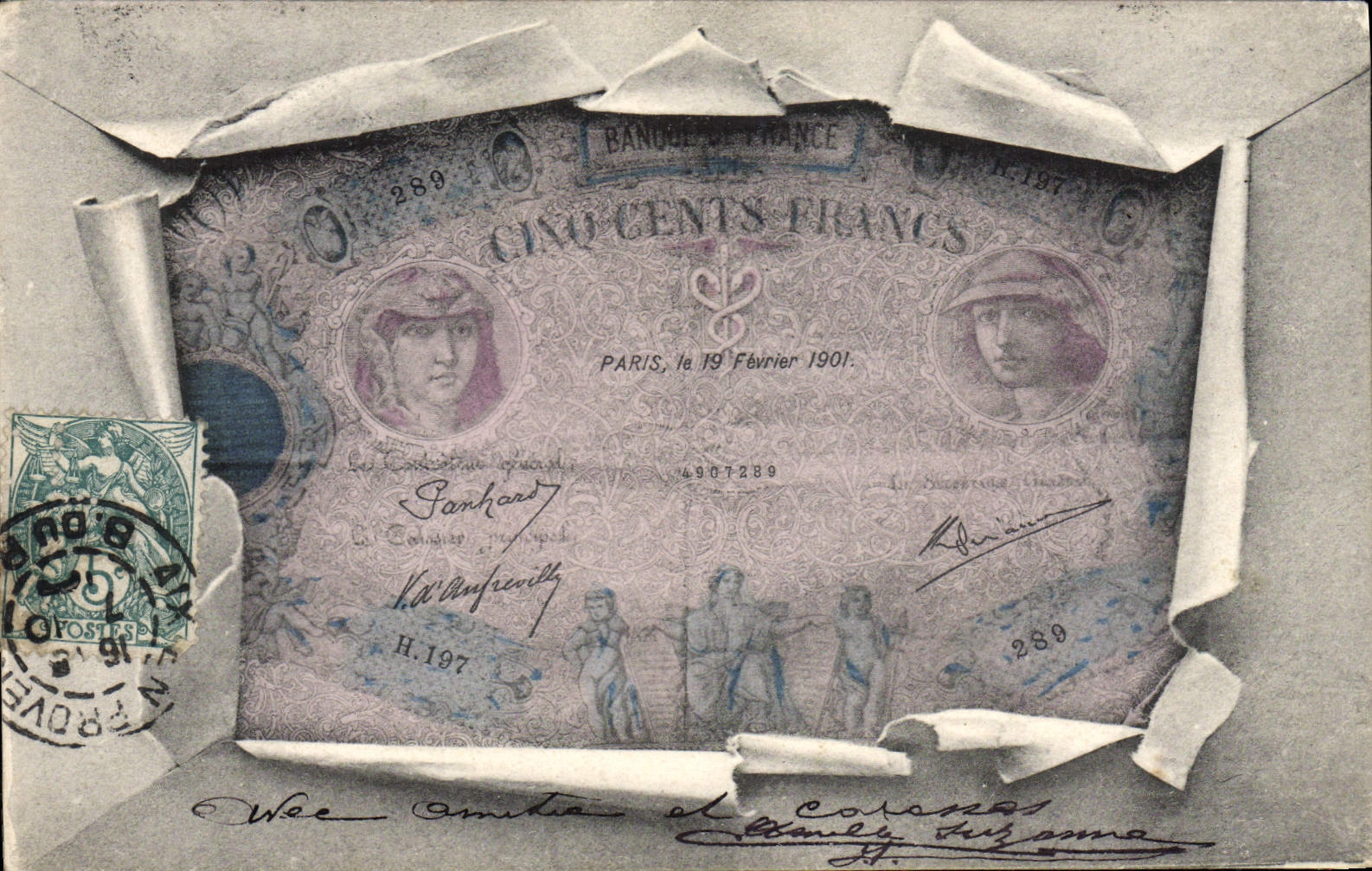 VINTAGE POSTCARD Ticket Five Hundred Francs