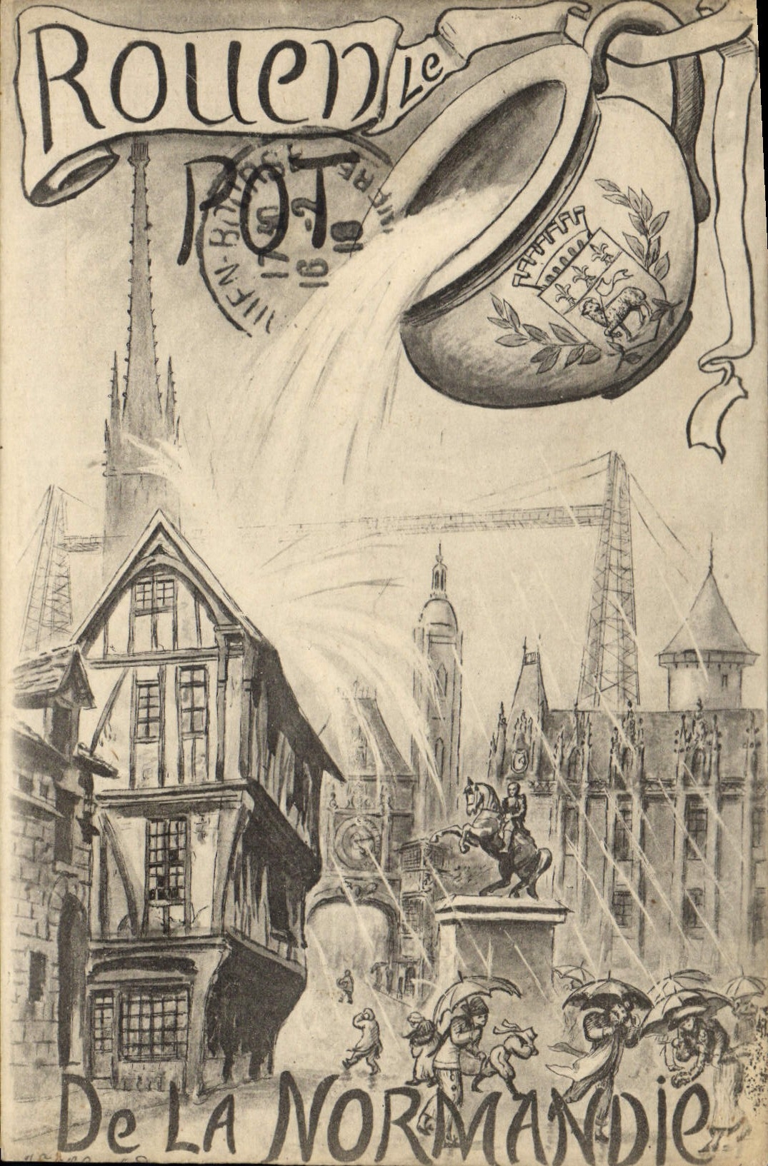 Folklore de Ruán de la POSTAL de la VENDIMIA el pote de Normandía