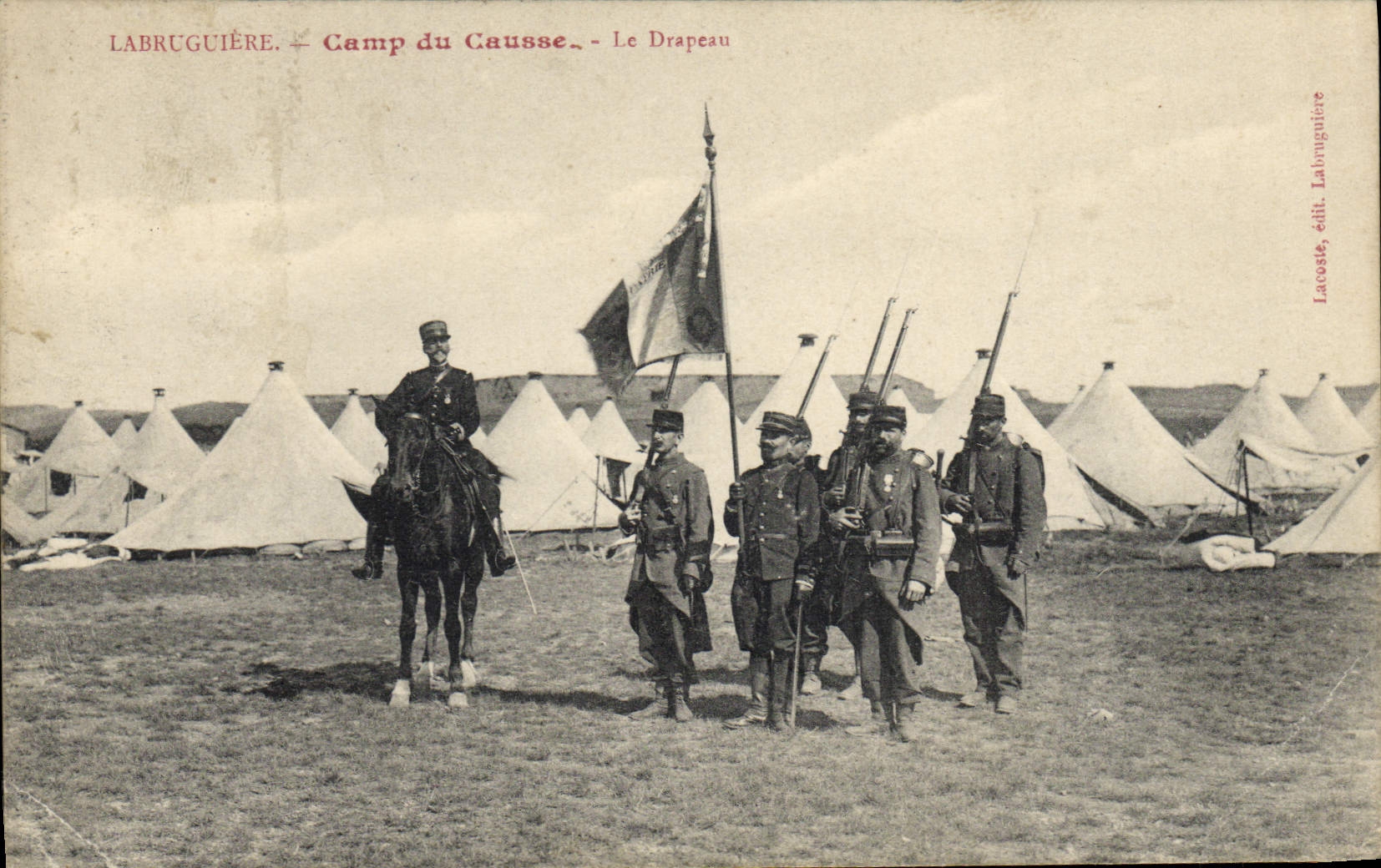 VINTAGE POSTCARD Militaria Labruguiere Camp of Causse the flag