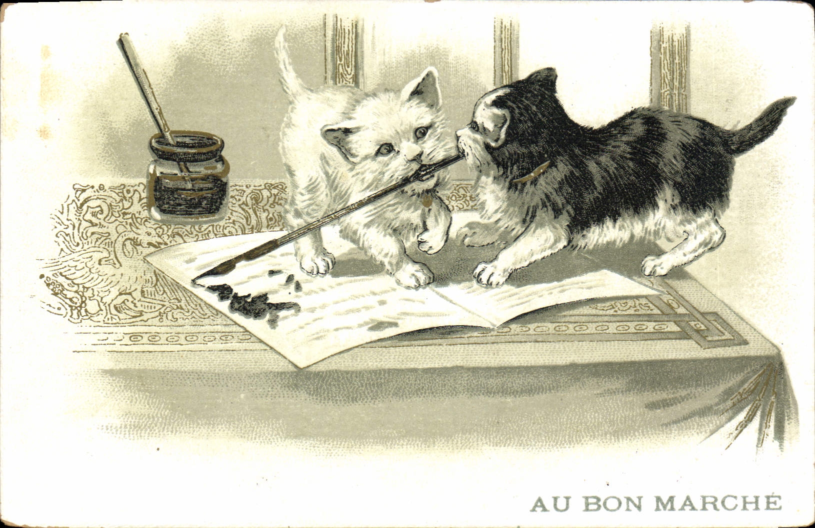 Gatito de los gatos del gato de la POSTAL de la VENDIMIA con la buena casa Boucicaut París del mercado