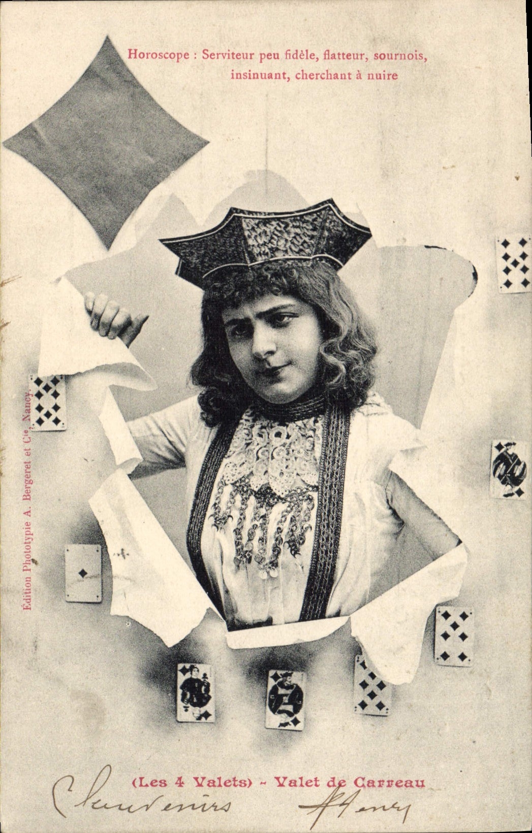 Horóscopo del folklore de la clarividencia de la cartomancia de la POSTAL de la VENDIMIA el bribón de 4 criados de diamantes