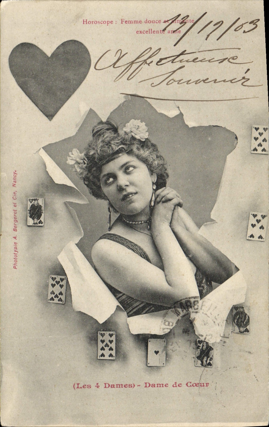 Horóscopo del folklore de la clarividencia de Cartomancie de la POSTAL de la VENDIMIA el corazón de 4 espolones de las señoras