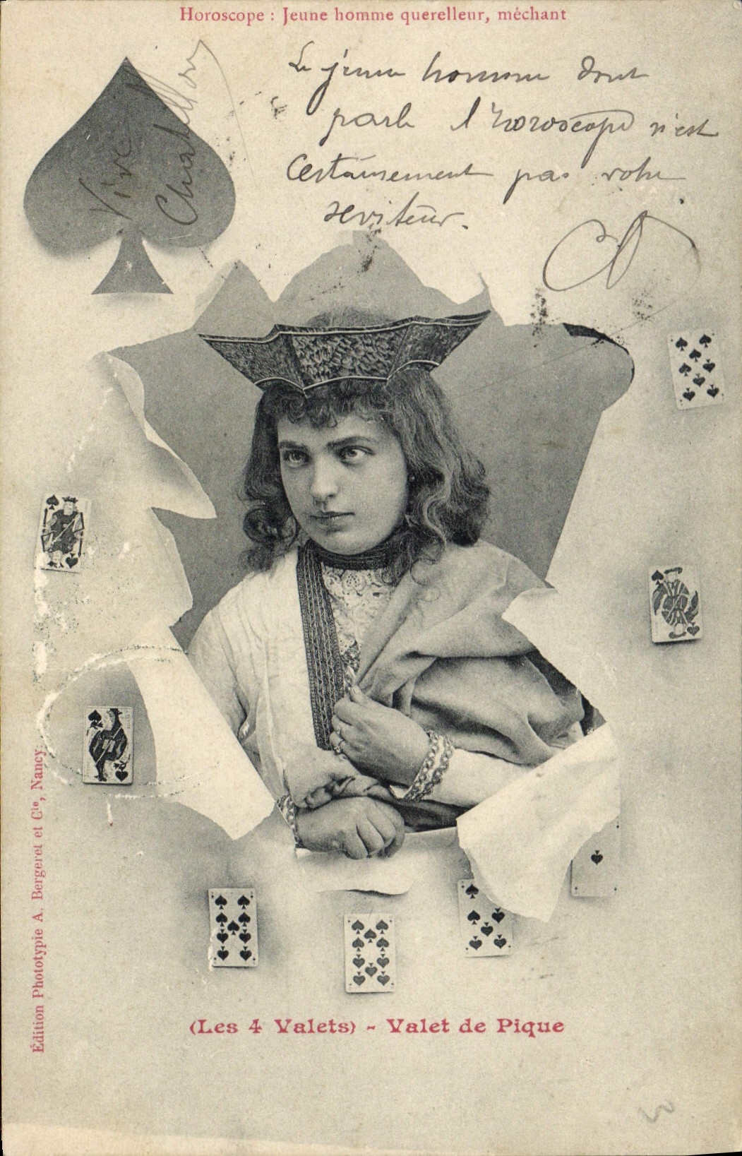 Horóscopo del folklore de la clarividencia de la cartomancia de la POSTAL de la VENDIMIA el bribón de 4 criados de espadas