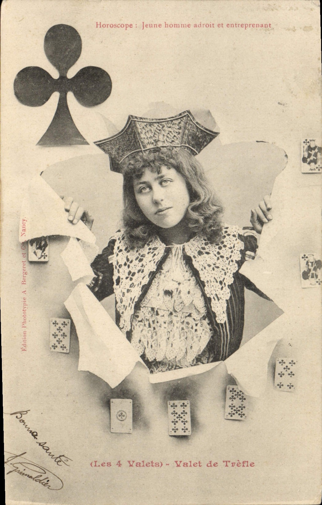 Horóscopo del folklore de la clarividencia de la cartomancia de la POSTAL de la VENDIMIA el bribón de 4 criados de clubs