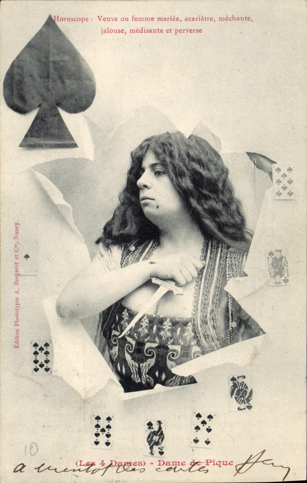 Horóscopo del folklore de la clarividencia de la cartomancia de la POSTAL de la VENDIMIA la reina de 4 señoras de espadas