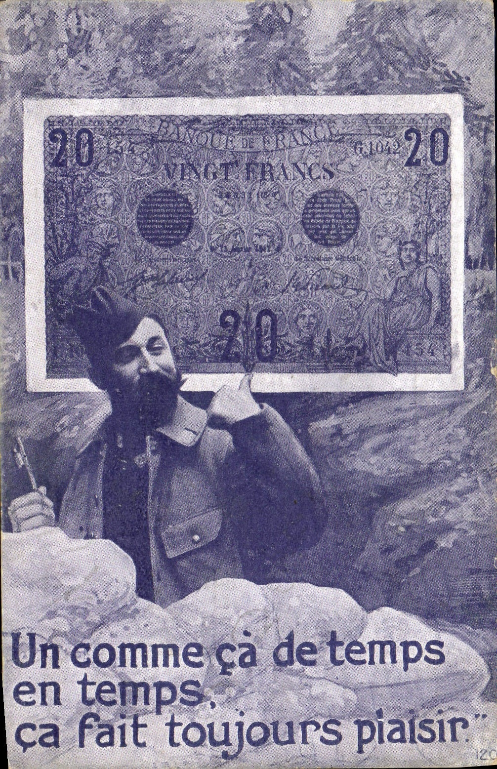 VINTAGE POSTCARD Bank Soldier Ticket 20 Francs