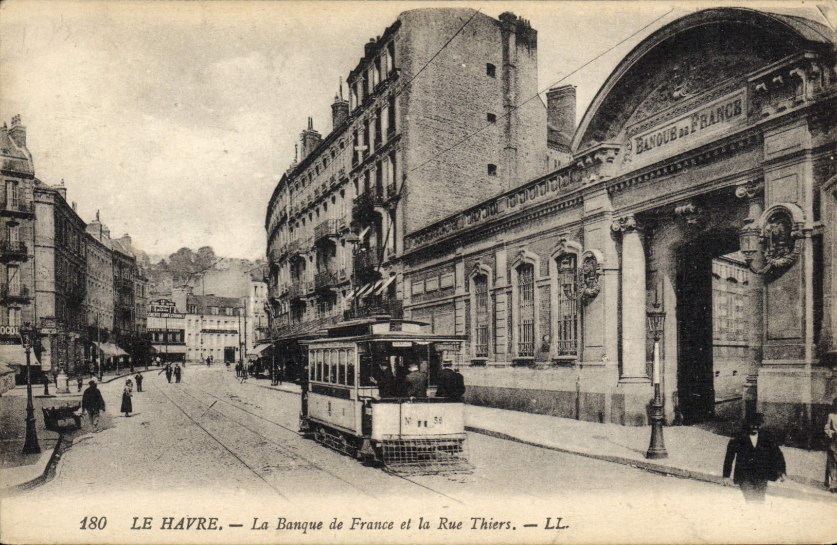 VINTAGE POSTCARD Bank Le Havre Banque de France and the street Thiers Tram