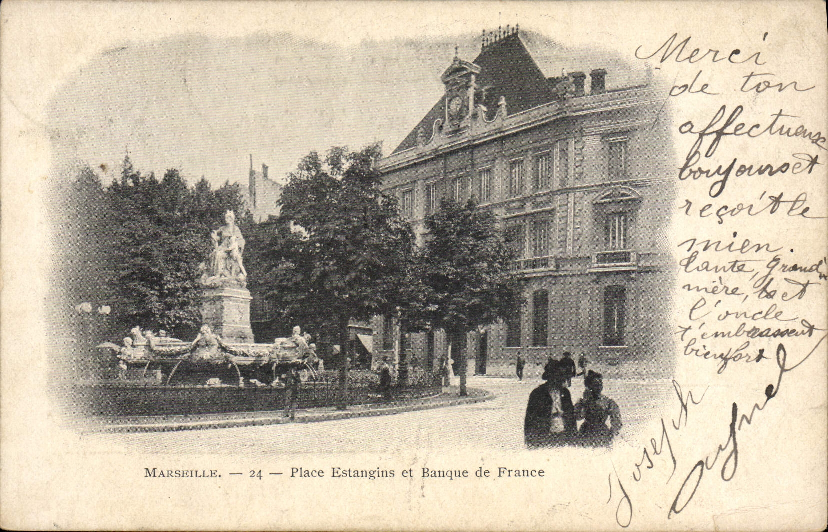 VINTAGE POSTCARD Banque Marseilles Places Estangins and Banque de France