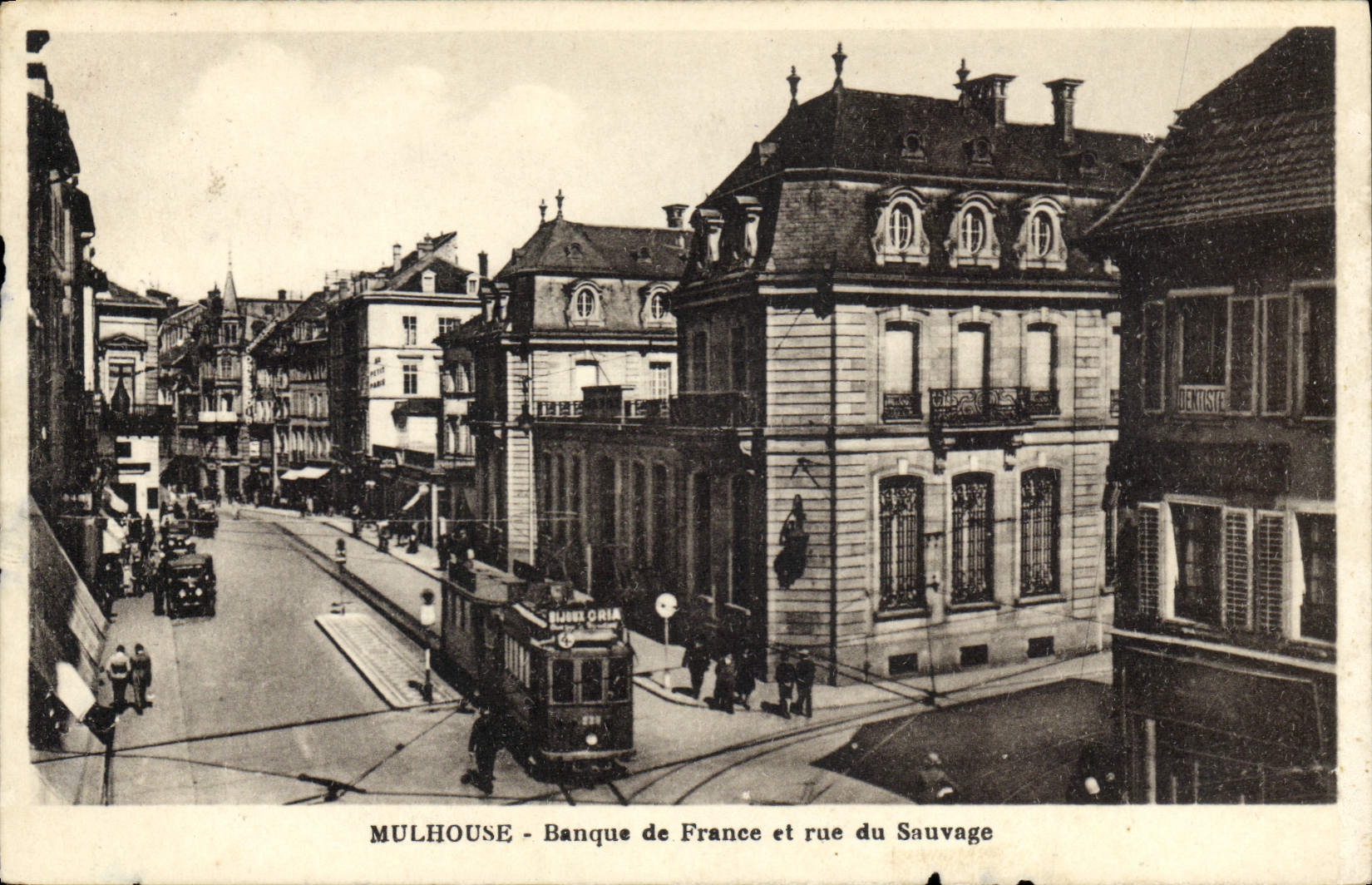 VINTAGE POSTCARD Banque de France and street of the Savage Mulhouse Tram