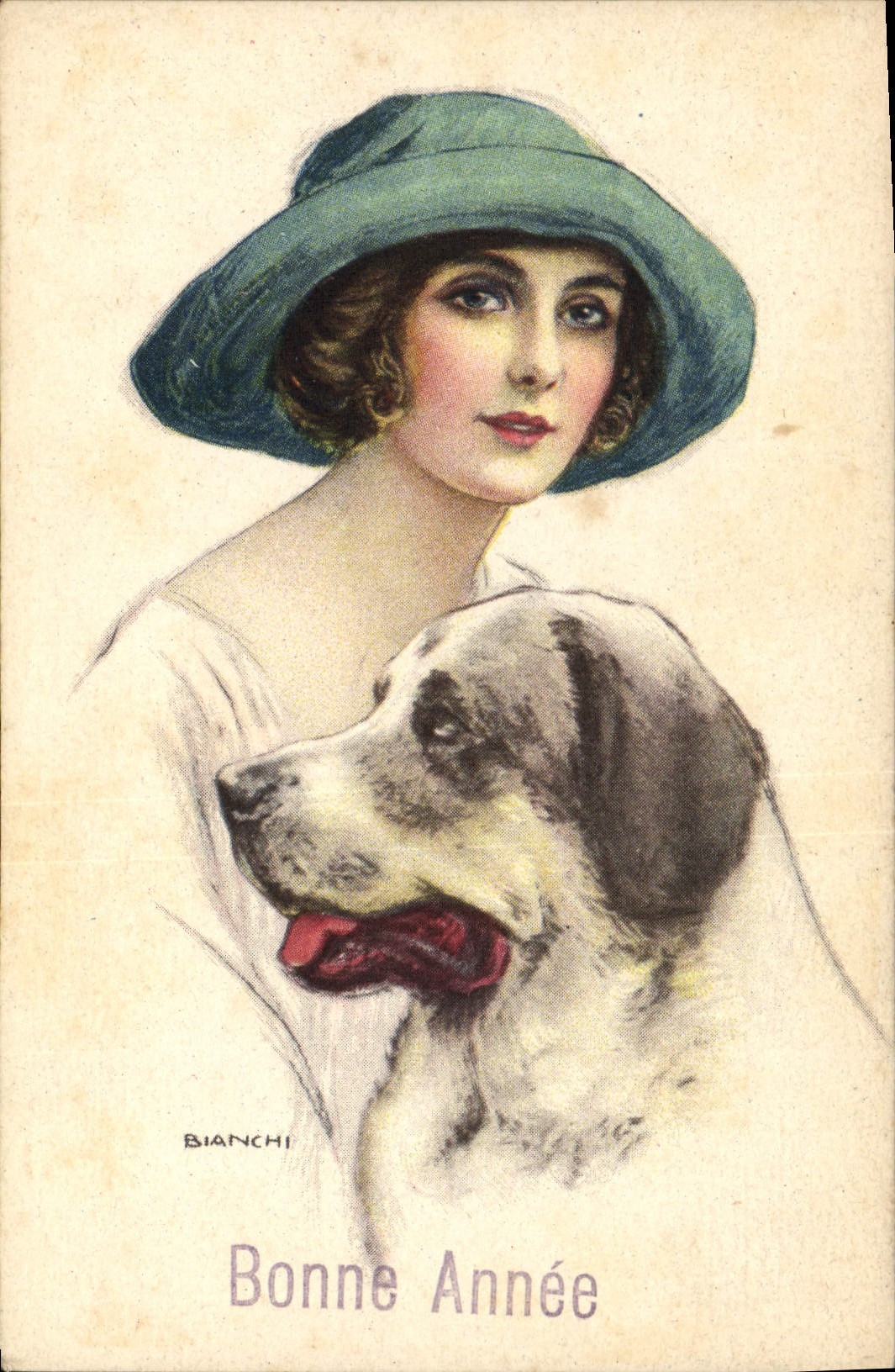 VINTAGE POSTCARD Fantasy Illustrator Bianchi Woman Dog