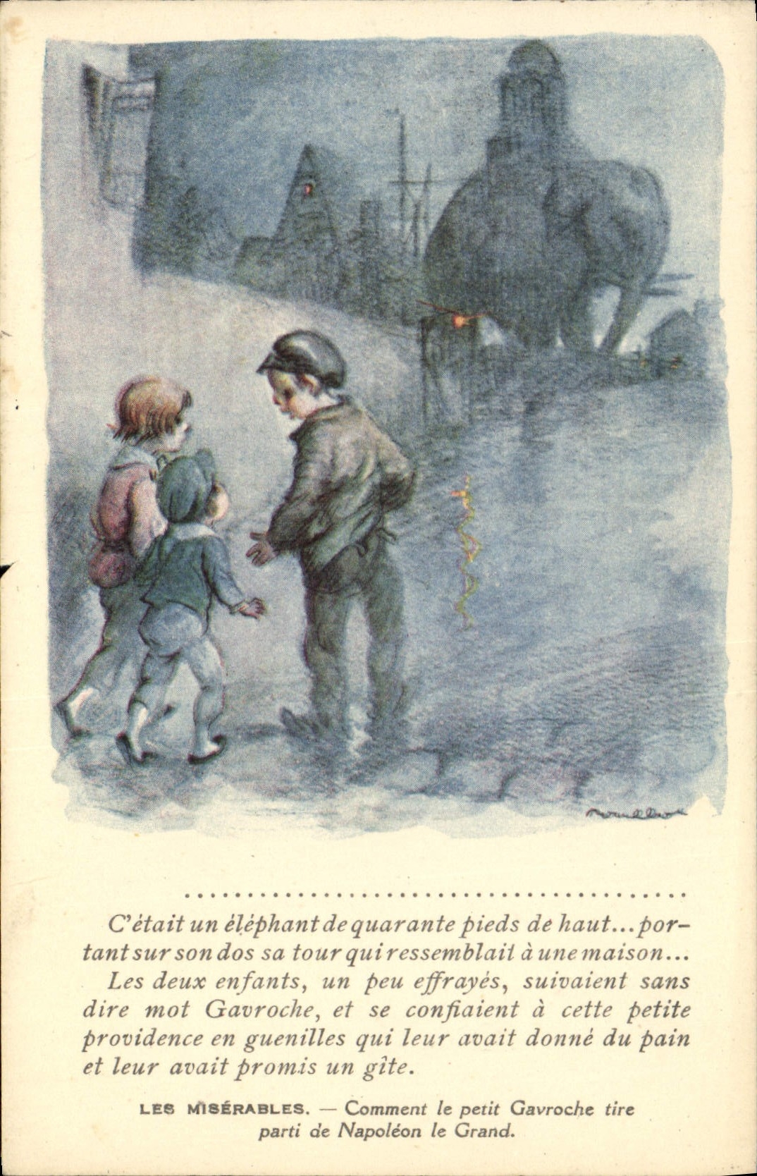 Ilustrador Poulbot Victor Hugo de la fantasía de la POSTAL de la VENDIMIA el elefante pobre de Napoleon Gavroche de los wretches