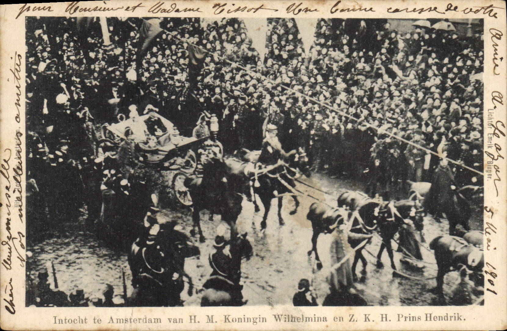 VINTAGE POSTCARD Intocht you Amsterdan van HM Koningin Wilhelmina in ZKH Prins Hendrik