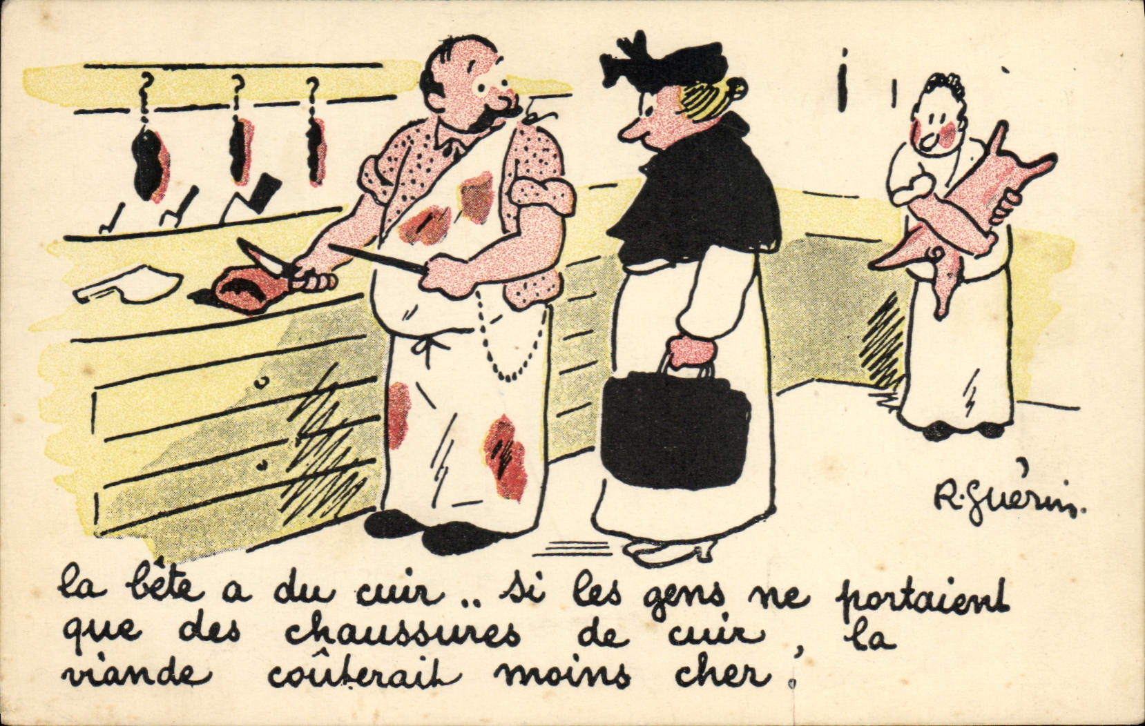 VINTAGE POSTCARD Fantasy Illustrator Guerin Butcher Butchery