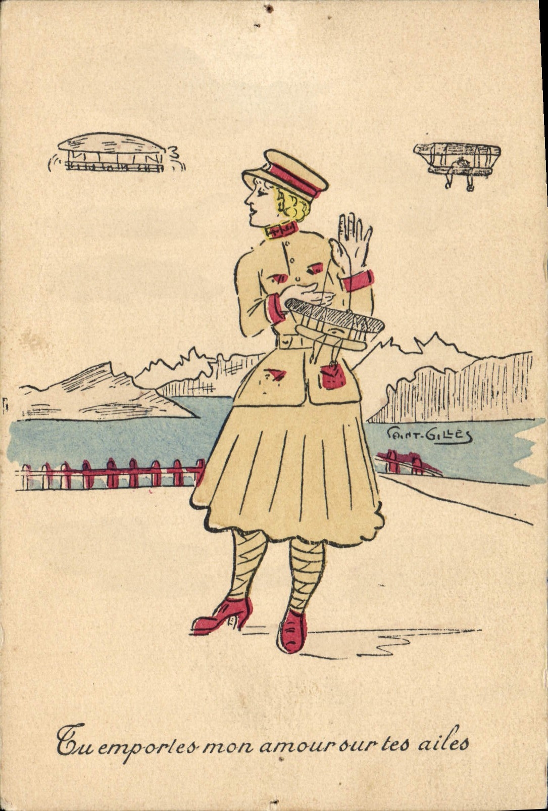 VINTAGE POSTCARD Fantasy Illustrator Woman Planes