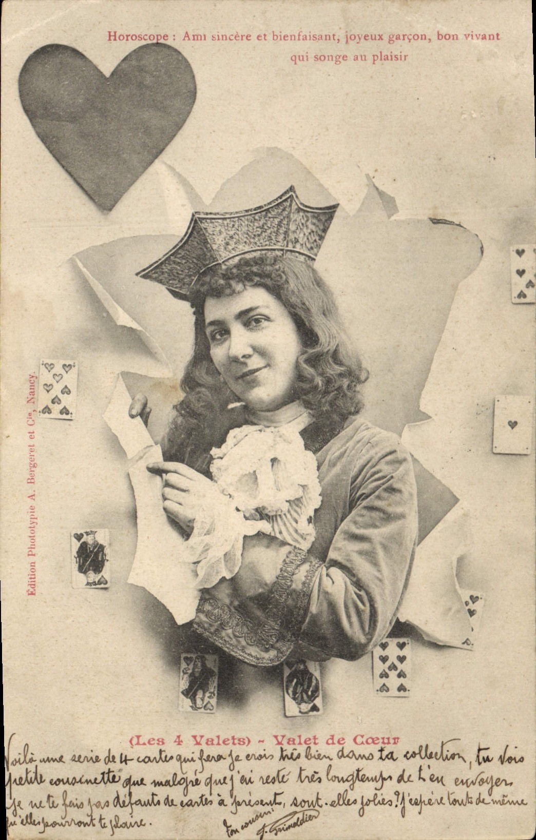 VINTAGE POSTCARD Horoscope the 4 servants Knave of hearts