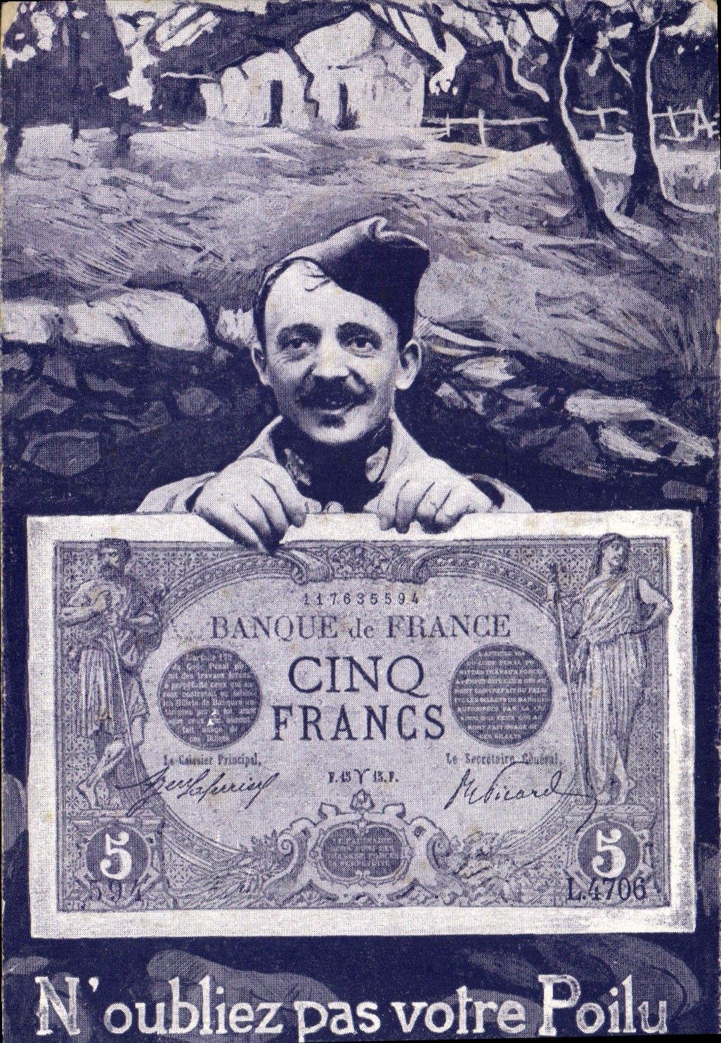 VINTAGE POSTCARD Hairy Ticket Five Francs Militaria