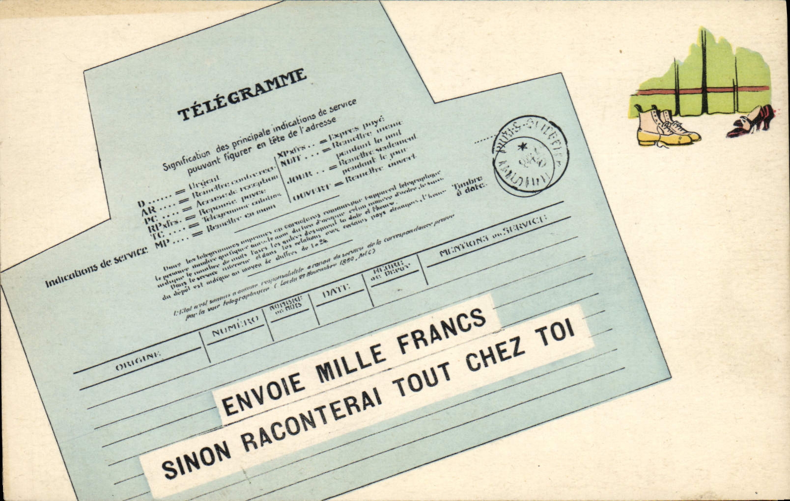 VINTAGE POSTCARD Telegramme Sends Thousand Francs