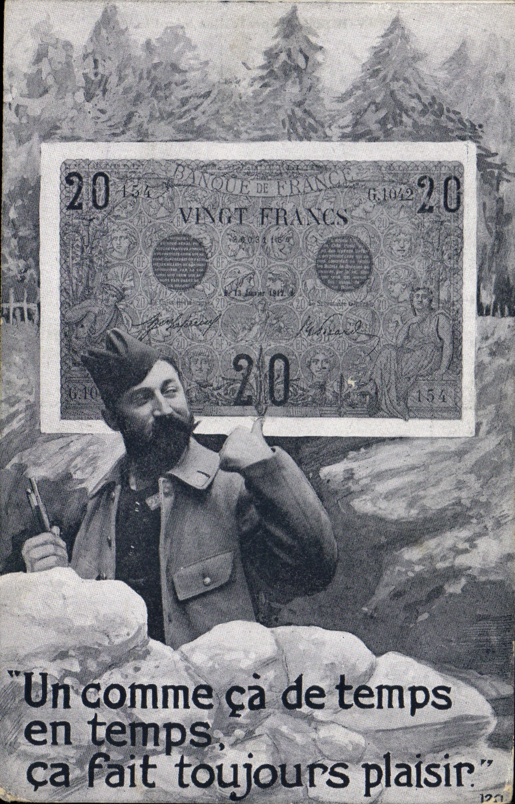 VINTAGE POSTCARD Hairy Ticket Twenty Francs Militaria