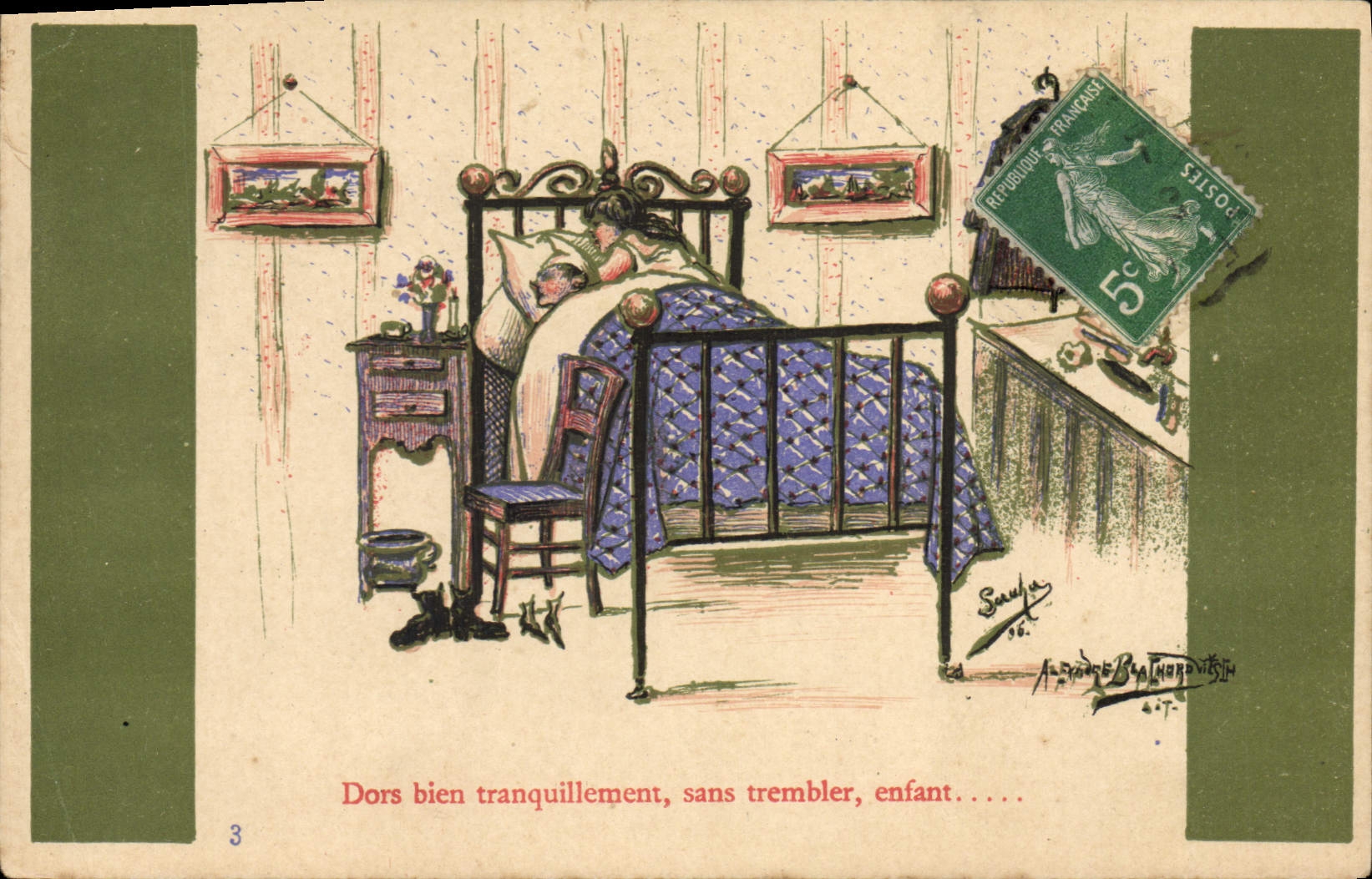 VINTAGE POSTCARD Fantasy Illustrator With the bed