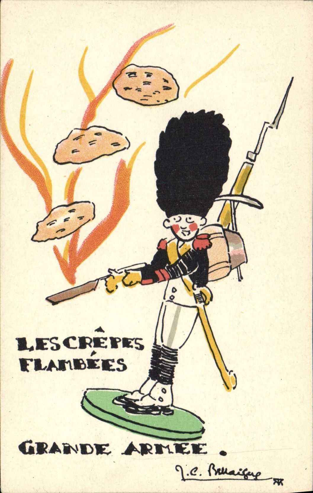 VINTAGE POSTCARD Fantasy Illustrator pancakes flambe Militaria Large army