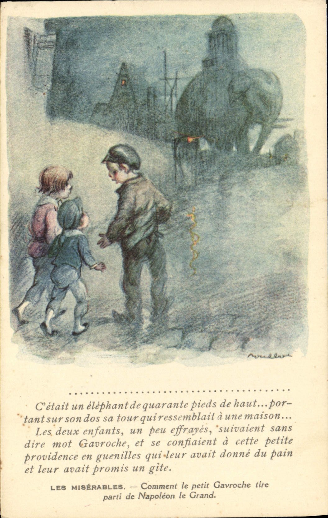 Ilustrador de Poulbot de la fantasía de la POSTAL de la VENDIMIA el elefante pobre de Napoleon Gavroche de los wretches