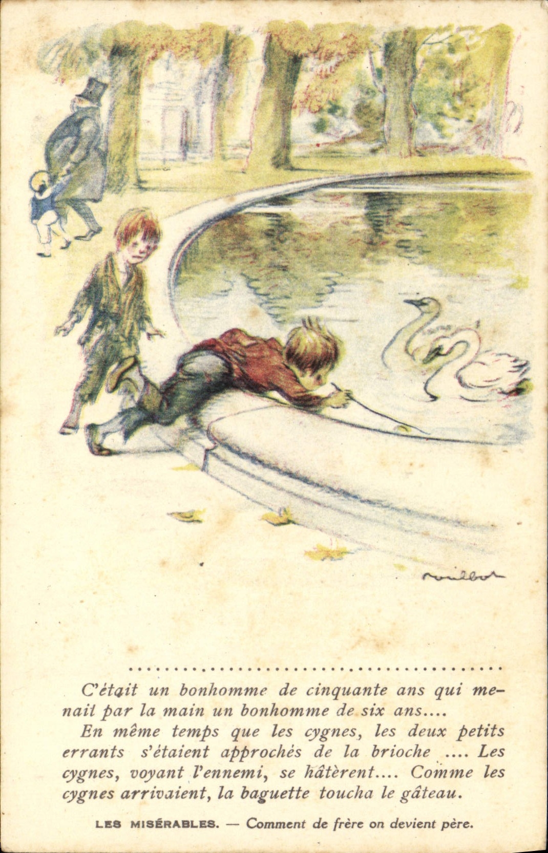 CPA Fantaisie Illustrateur Poulbot Victor Hugo Les Miserables Cygnes Swan