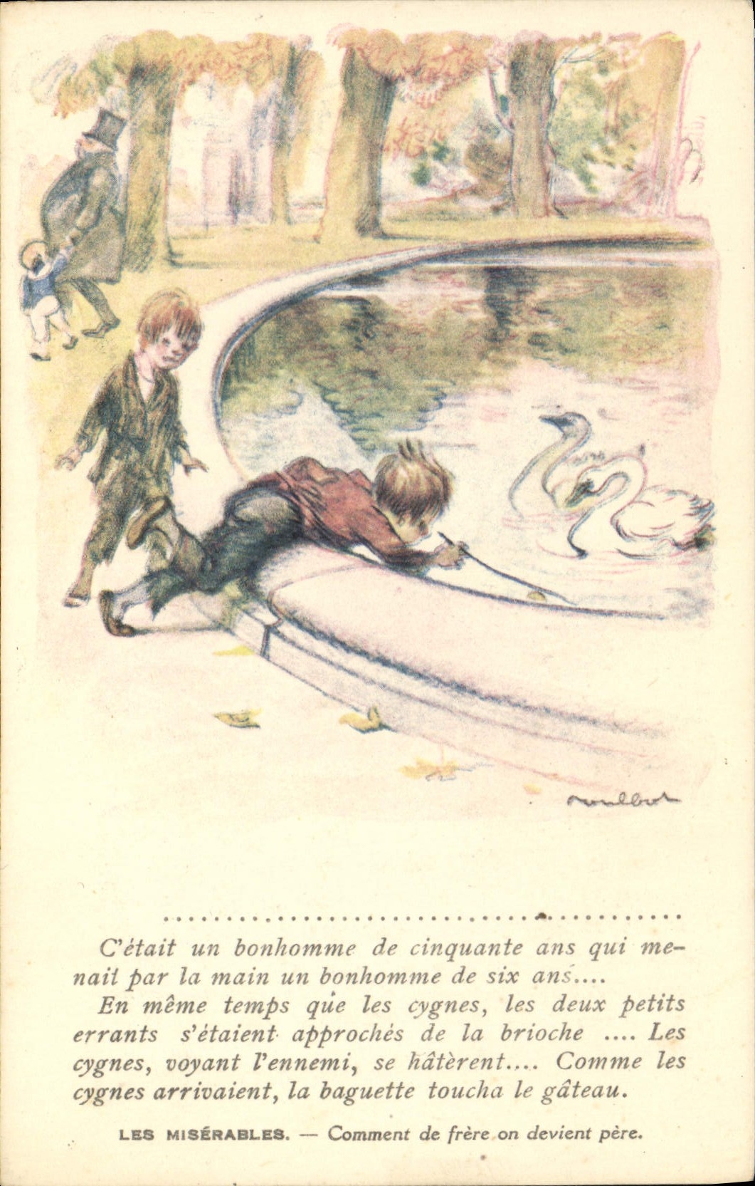 CPA Fantaisie Illustrateur Poulbot Victor Hugo Les Miserables Cygnes Swan